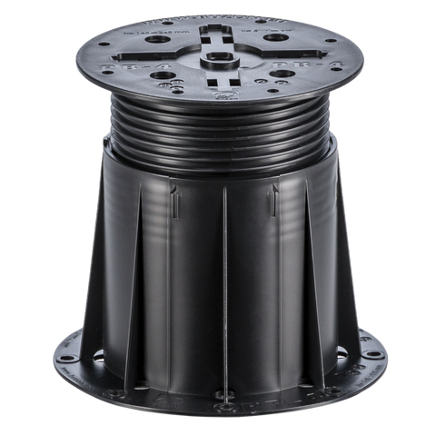 Adjustable black plastic deck pedestal with ribbed height adjustment, 146-148mm top plate, and stable base for raised floo...
