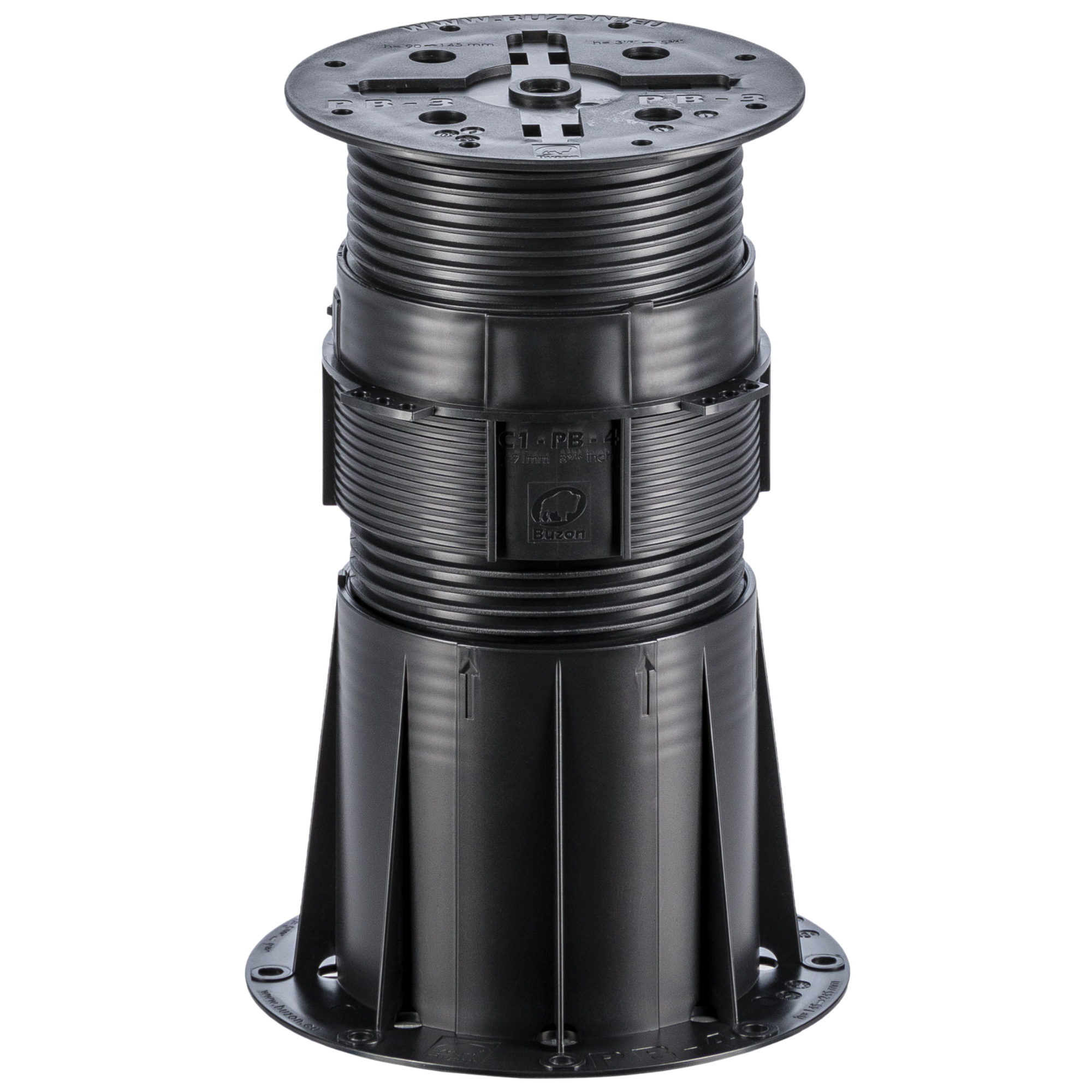 Black adjustable plastic deck pedestal with ribbed column, square base, and height adjustment top for outdoor flooring.