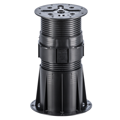 Black adjustable plastic deck pedestal with square base, ribbed column, and top plate for raised outdoor flooring