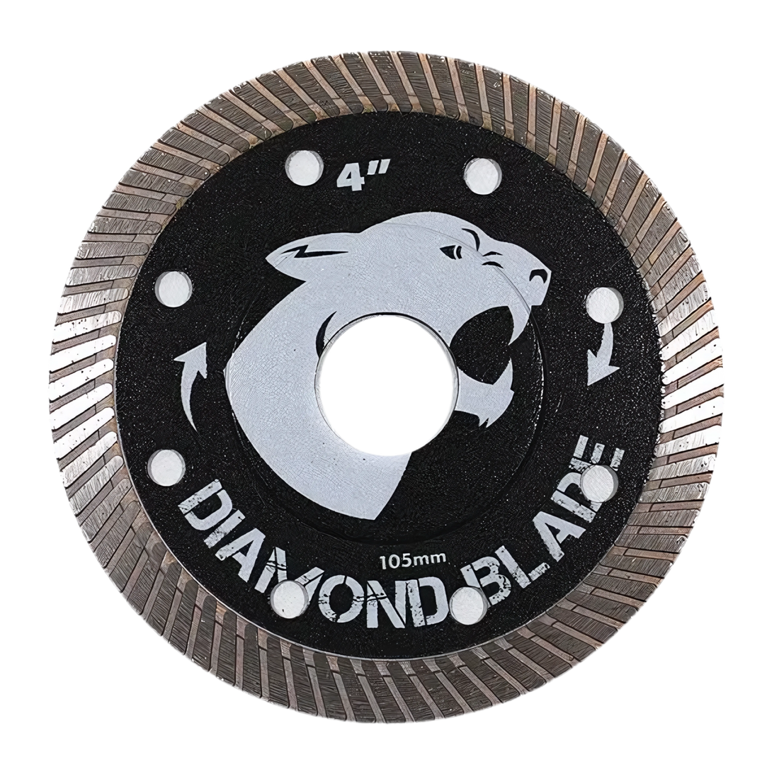4" (105mm) diamond saw blade with snarling panther logo, segmented teeth, black & silver design.