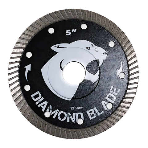 5" (125mm) diamond saw blade with snarling panther logo, black body, silver segmented edges