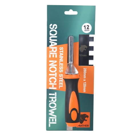 12mm square notch stainless steel trowel, 280mm long orange handle, Anther brand