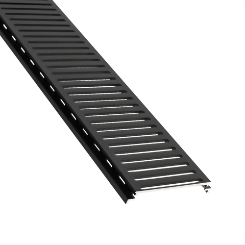Black louvered vent panel with horizontal slats, angled view for modern ventilation and airflow.
