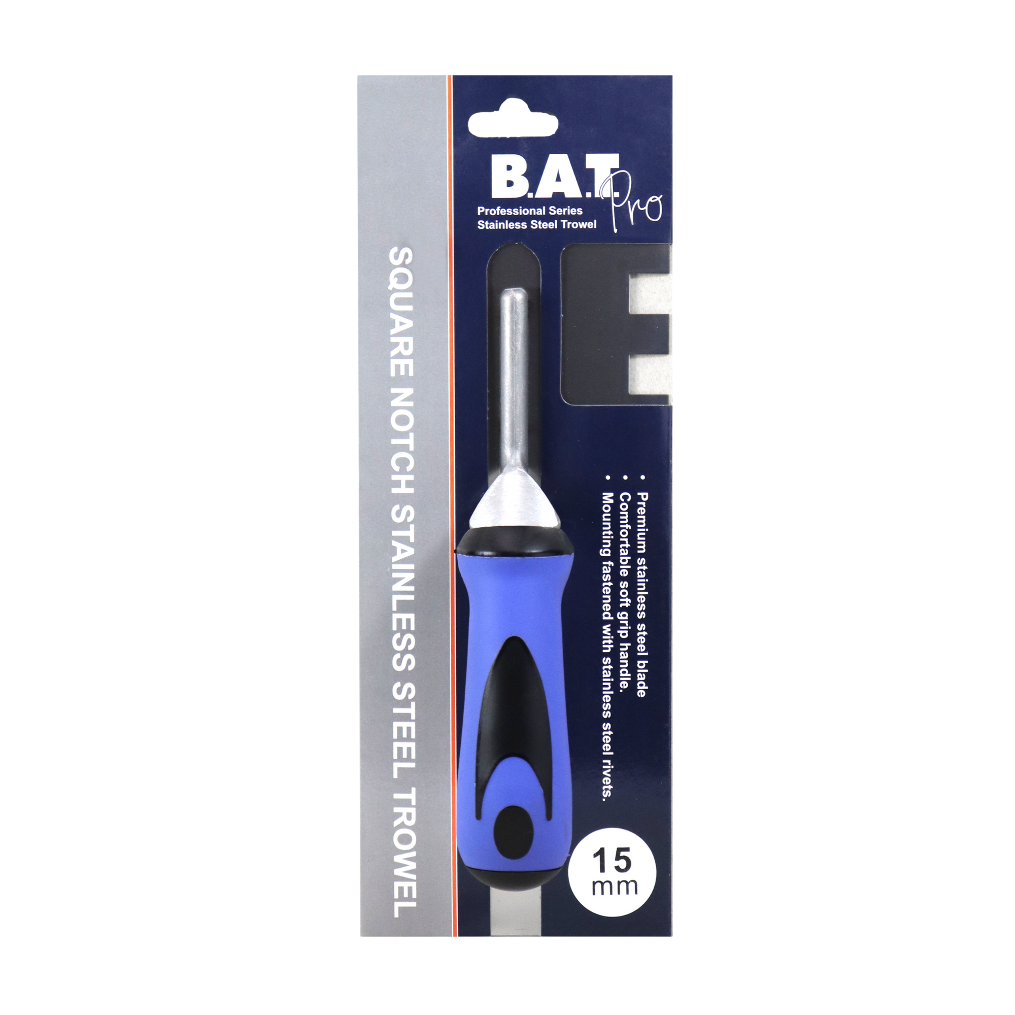 BAT Pro 15mm square notch stainless steel trowel, professional series with ergonomic blue grip handle.