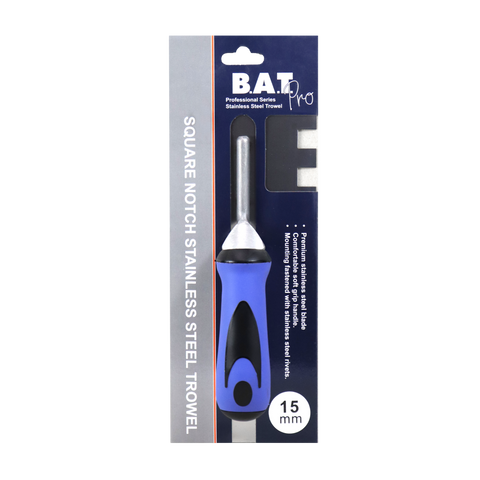 BAT Pro 15mm square notch stainless steel trowel, professional series with ergonomic blue grip handle.