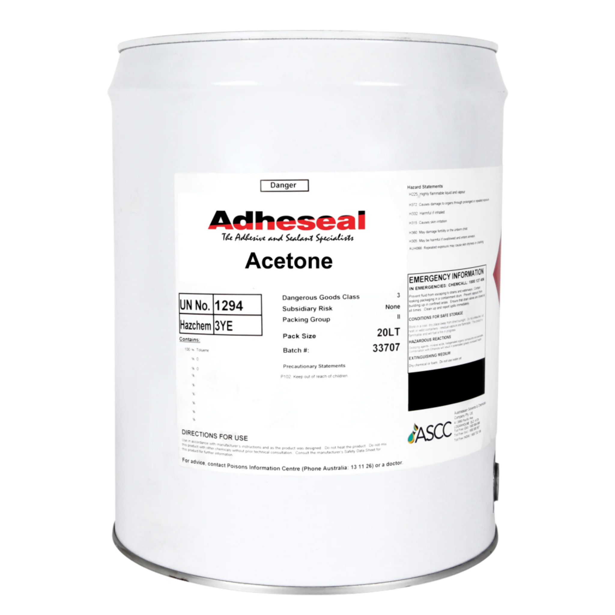 Adheseal 20L Acetone drum: fast-drying solvent cleans epoxy tools, dissolves adhesives, thins resins for fibreglass & cons...