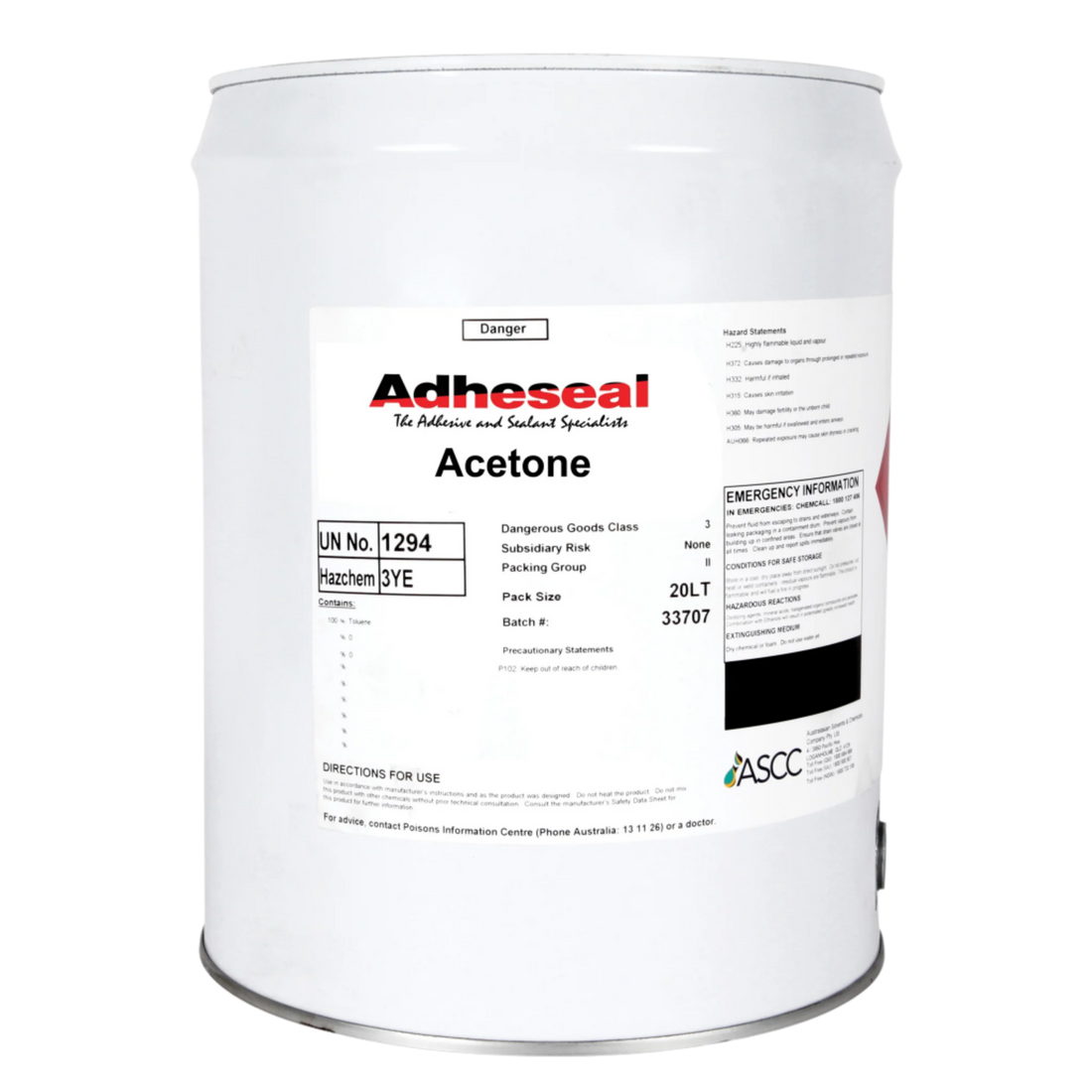 Adheseal 20L Acetone drum: fast-drying solvent cleans epoxy tools, dissolves adhesives, thins resins for fibreglass & cons...