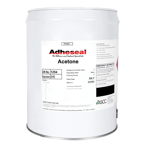 Adheseal 20L Acetone drum: fast-drying solvent cleans epoxy tools, dissolves adhesives, thins resins for fibreglass & cons...