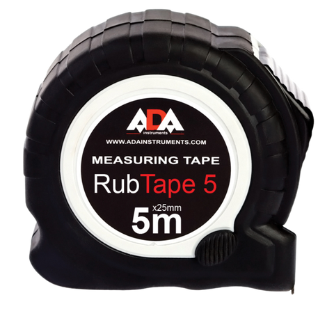 ADA RubTape 5m measuring tape: 25mm steel blade, shockproof ribbed rubber casing, front lock for precise trade measurements.