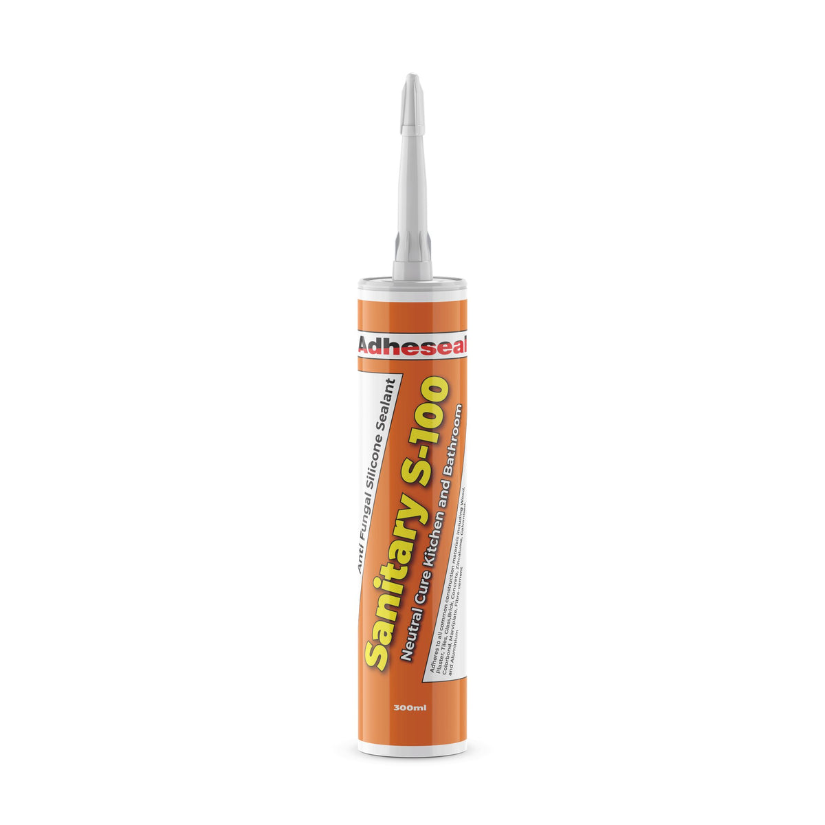 Adheseal S100 neutral cure sanitary silicone sealant cartridge for anti-fungal, waterproof wet area joint sealing.