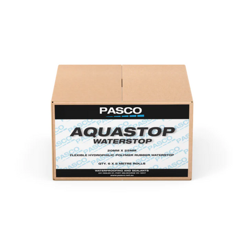 Pasco Aquastop 20x20mm hydrophilic waterstop rolls in box for construction joint sealing and waterproofing.