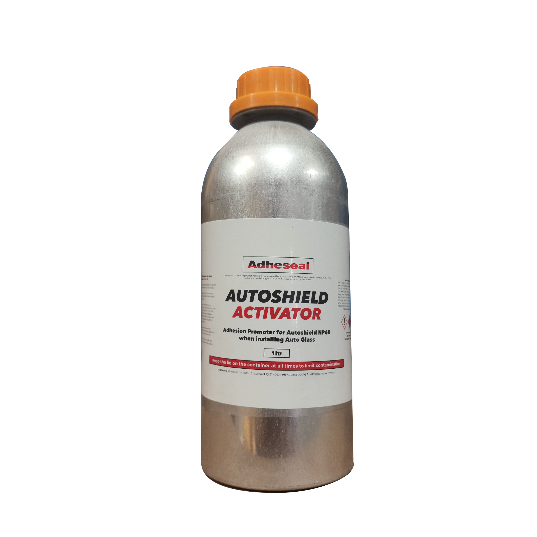 Adheseal Autoshield Activator silver canister orange cap: clear autoglass primer promotes secure PU bonding to glass & lac...