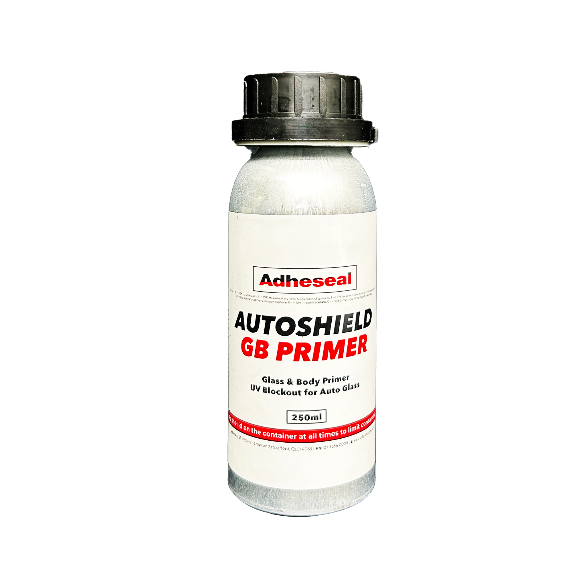 250ml Adheseal Autoshield GB Primer bottle: solvent-based PU primer for autoglass adhesion & UV quality control