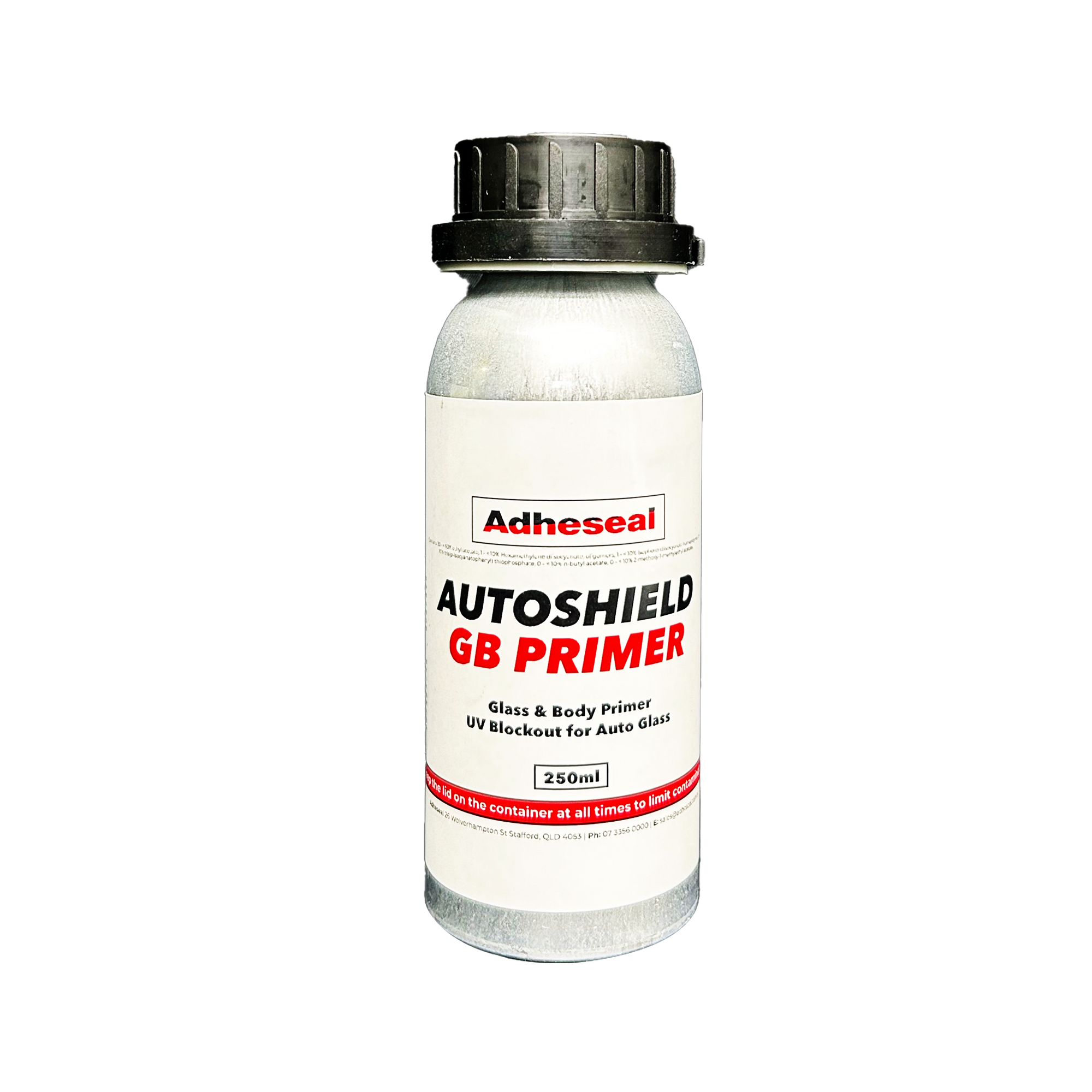 250ml Adheseal Autoshield GB Primer bottle: solvent-based PU primer for autoglass adhesion & UV quality control
