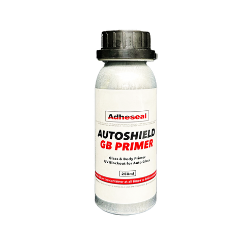 250ml Adheseal Autoshield GB Primer bottle: solvent-based PU primer for autoglass adhesion & UV quality control