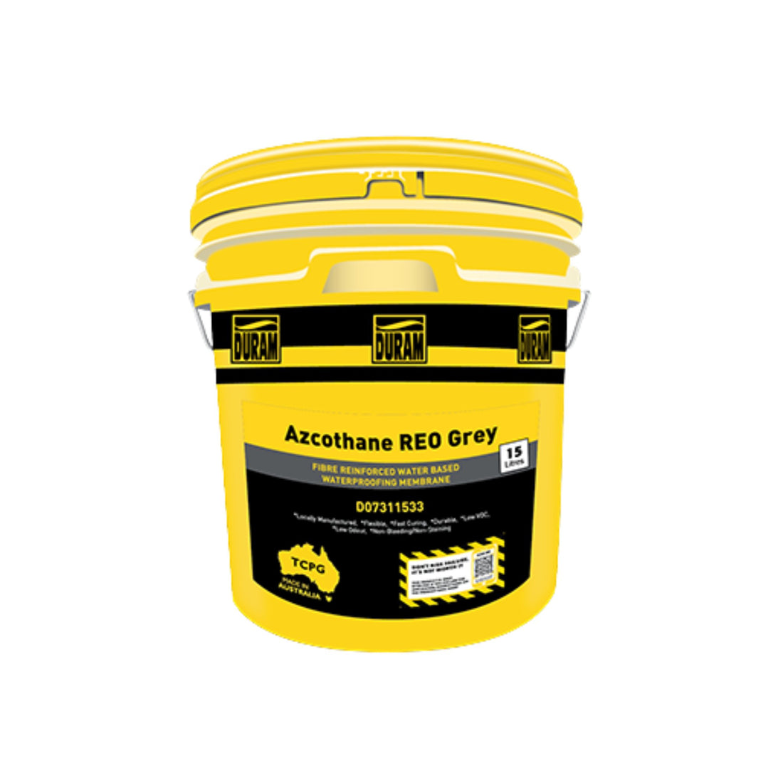 Duram Azcothane Reo 15L yellow pail of grey microfibre-reinforced waterproofing membrane for balconies, decks, AS 4654.1 C...