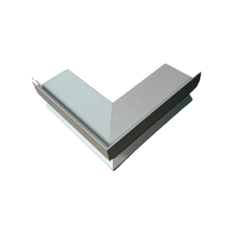 Anodised 90° external corner balcony drip angle, 155x155mm, prevents leaks in waterproofing membranes at balcony edges.