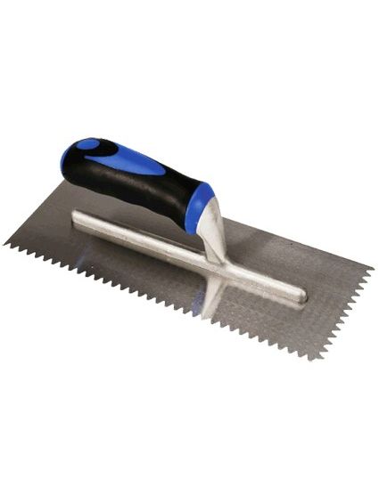 BAT Bright Steel V-Notch Trowel, soft grip handle: precise flooring adhesive application, 3-12mm notches for correct sprea...