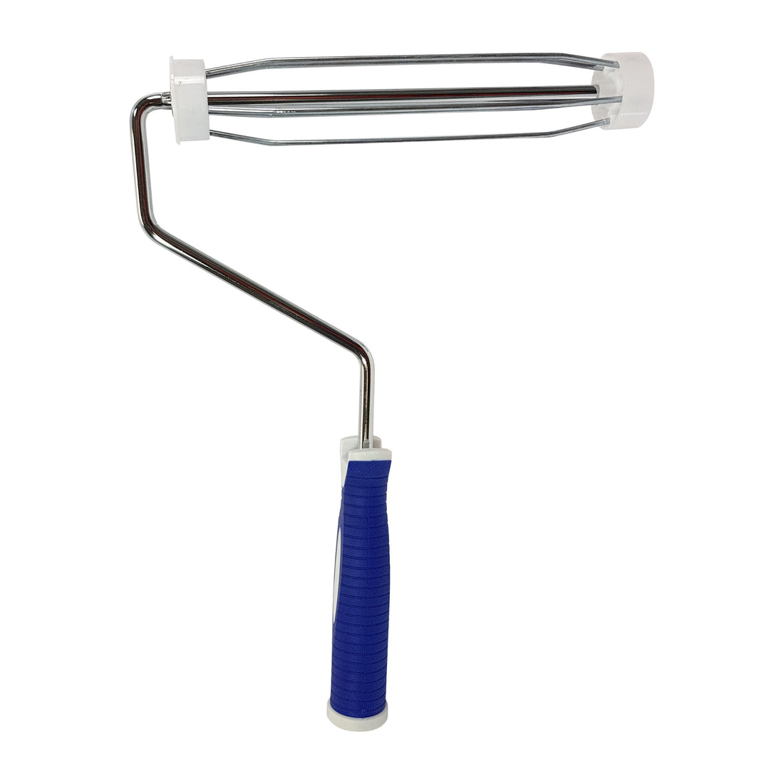 Professional paint roller with blue ergonomic grip handle, white roller cover, and durable metal cage frame for smooth app...