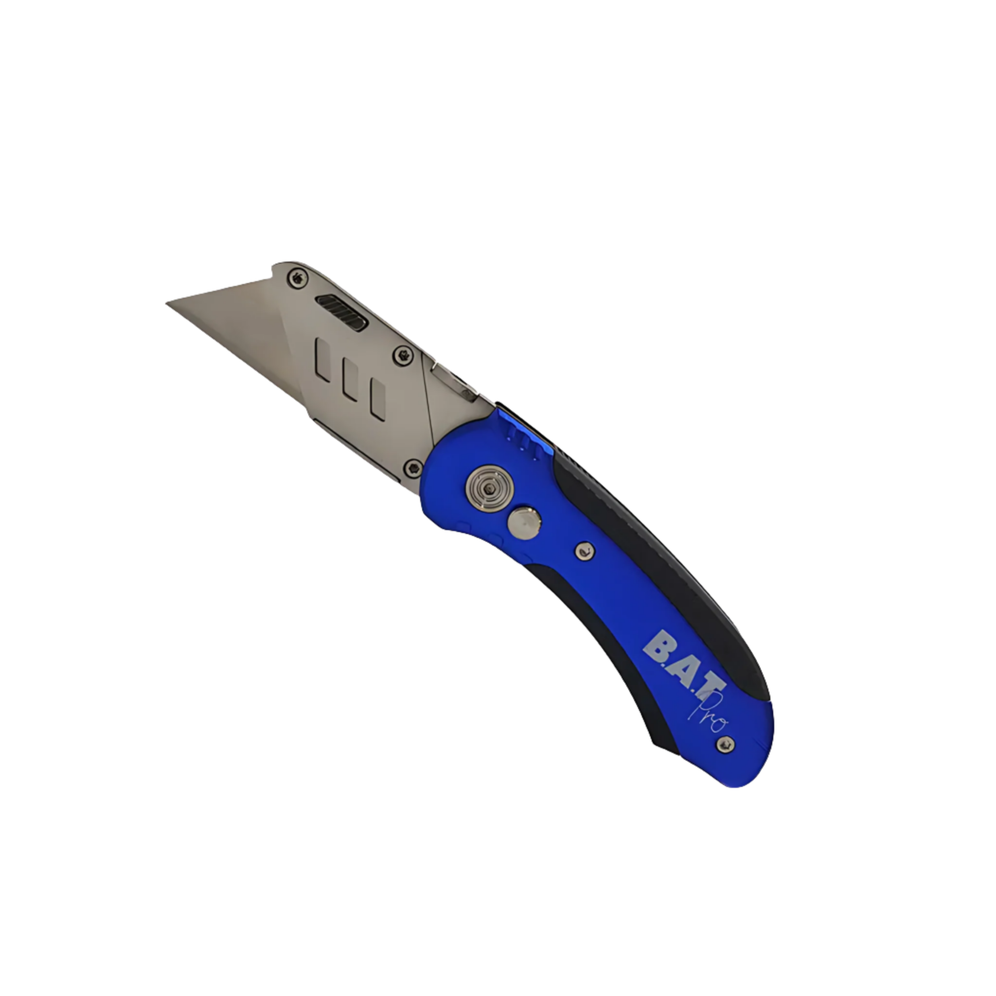 B.A.T Pro folding utility knife: aluminium body, blue rubber grip for secure control, cuts roofing membranes, glazing film...