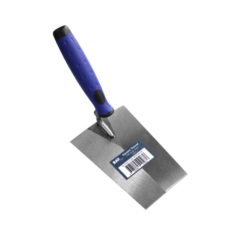 BAUER stainless steel margin trowel with blue ergonomic handle and comfort grip