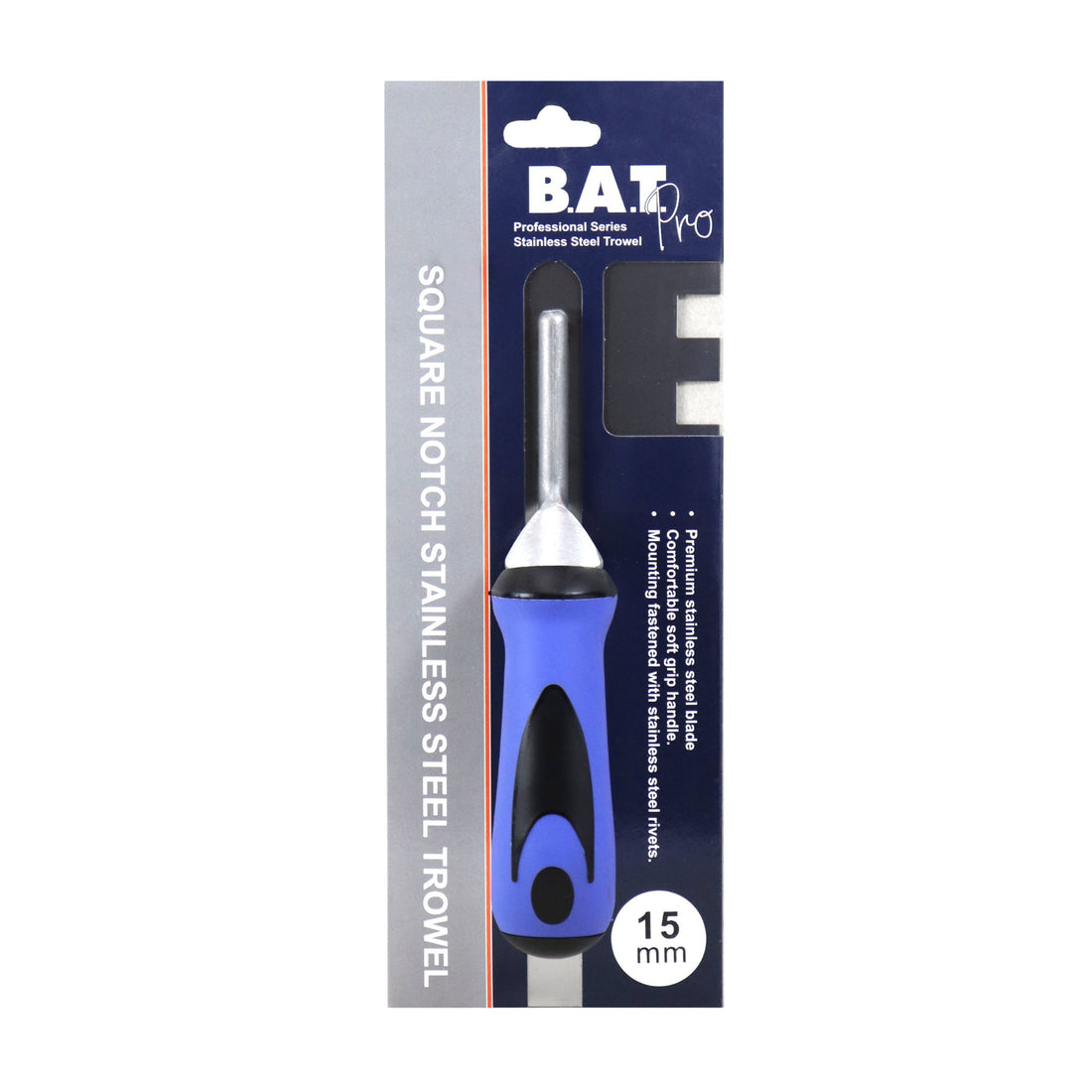 BAT Pro 15mm square notch stainless steel trowel, professional series with ergonomic blue grip handle.