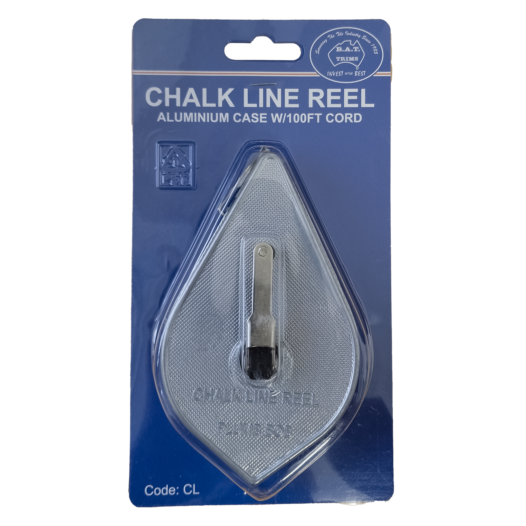 BAT Trim Chalk Line Reel in durable zinc case, self-chalking 100ft line for precise marking and plumbob prep.