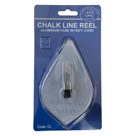 BAT Trim Chalk Line Reel in durable zinc case, self-chalking 100ft line for precise marking and plumbob prep.