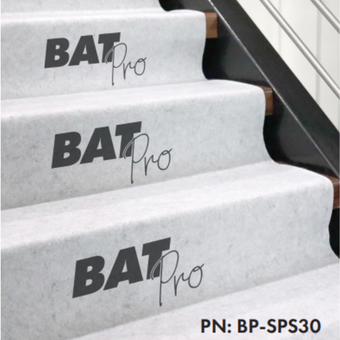 BAT Pro gray anti-slip stair treads on modern stairs, model BP-SPS30, durable non-slip step covers with bold logo.
