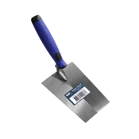 BAUER stainless steel margin trowel with blue ergonomic handle and comfort grip