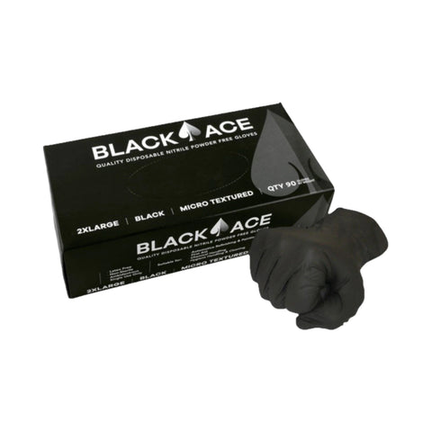 Black Ace 2XL powder-free nitrile gloves box, micro-textured for grip, puncture/chemical resistant hand protection in trades.