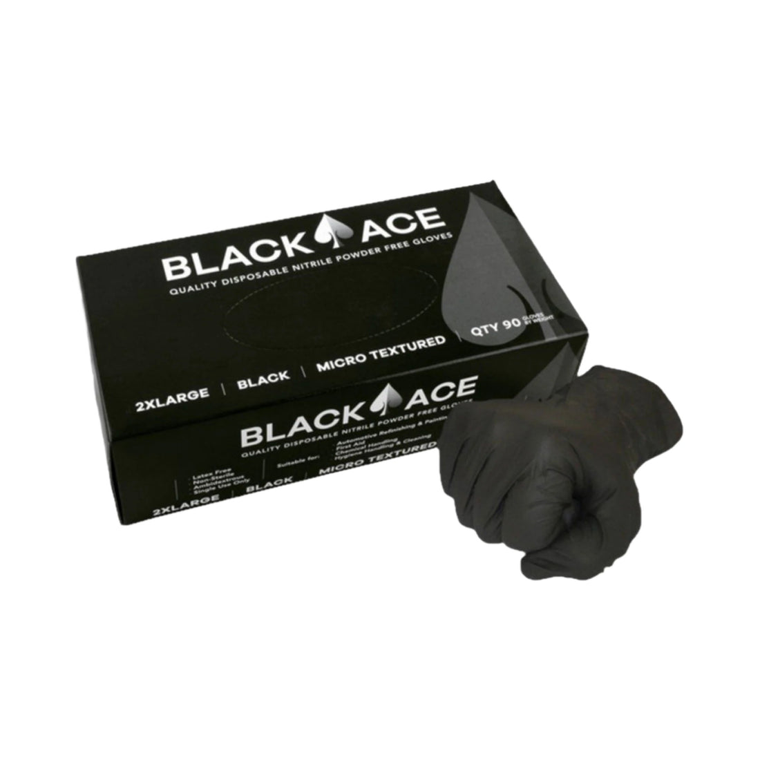 Black Ace 2XL powder-free nitrile gloves box, micro-textured for grip, puncture/chemical resistant hand protection in trades.