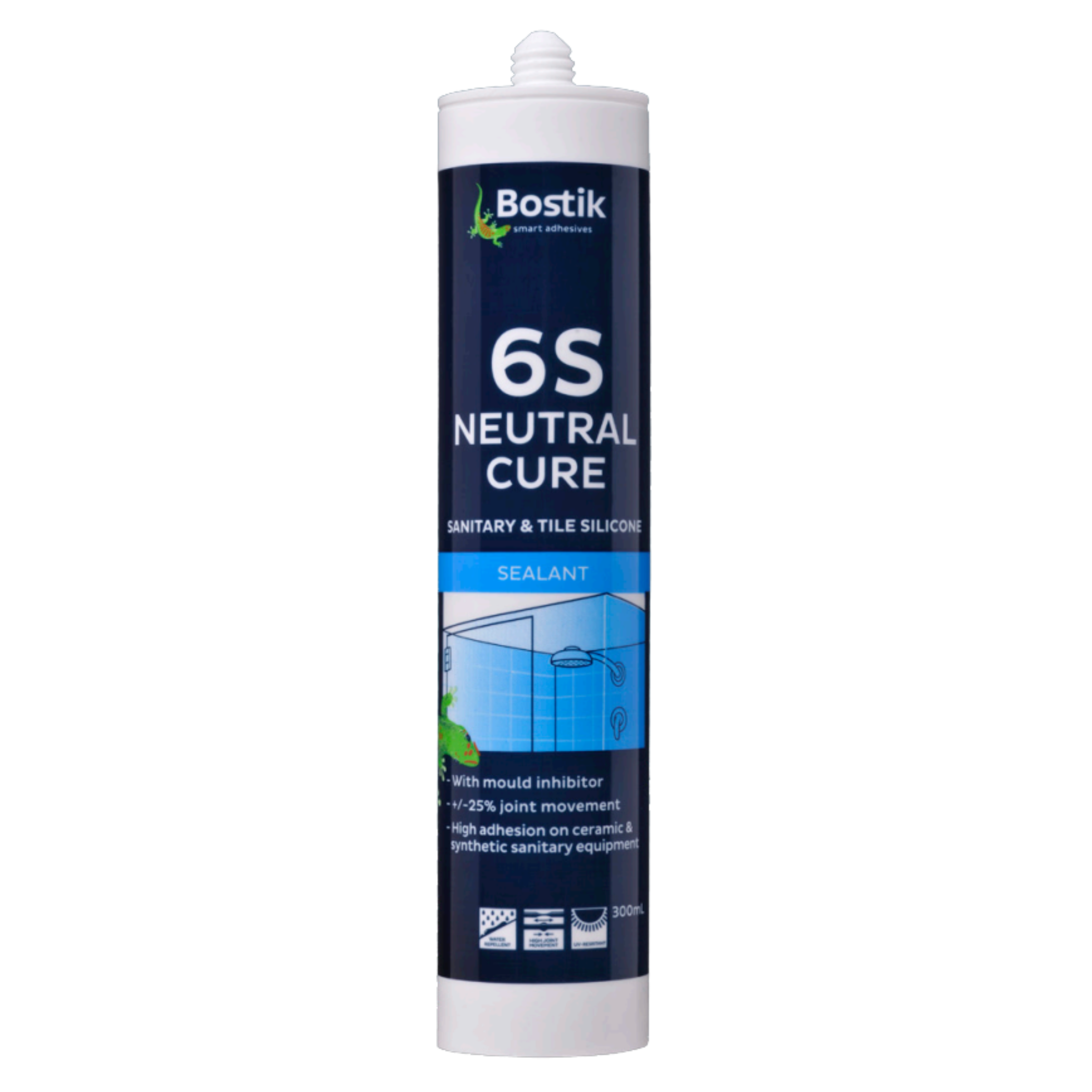 Bostik 6S neutral cure silicone sealant cartridge: mould-resistant, ±25% joint movement for sanitary tile joint sealing.
