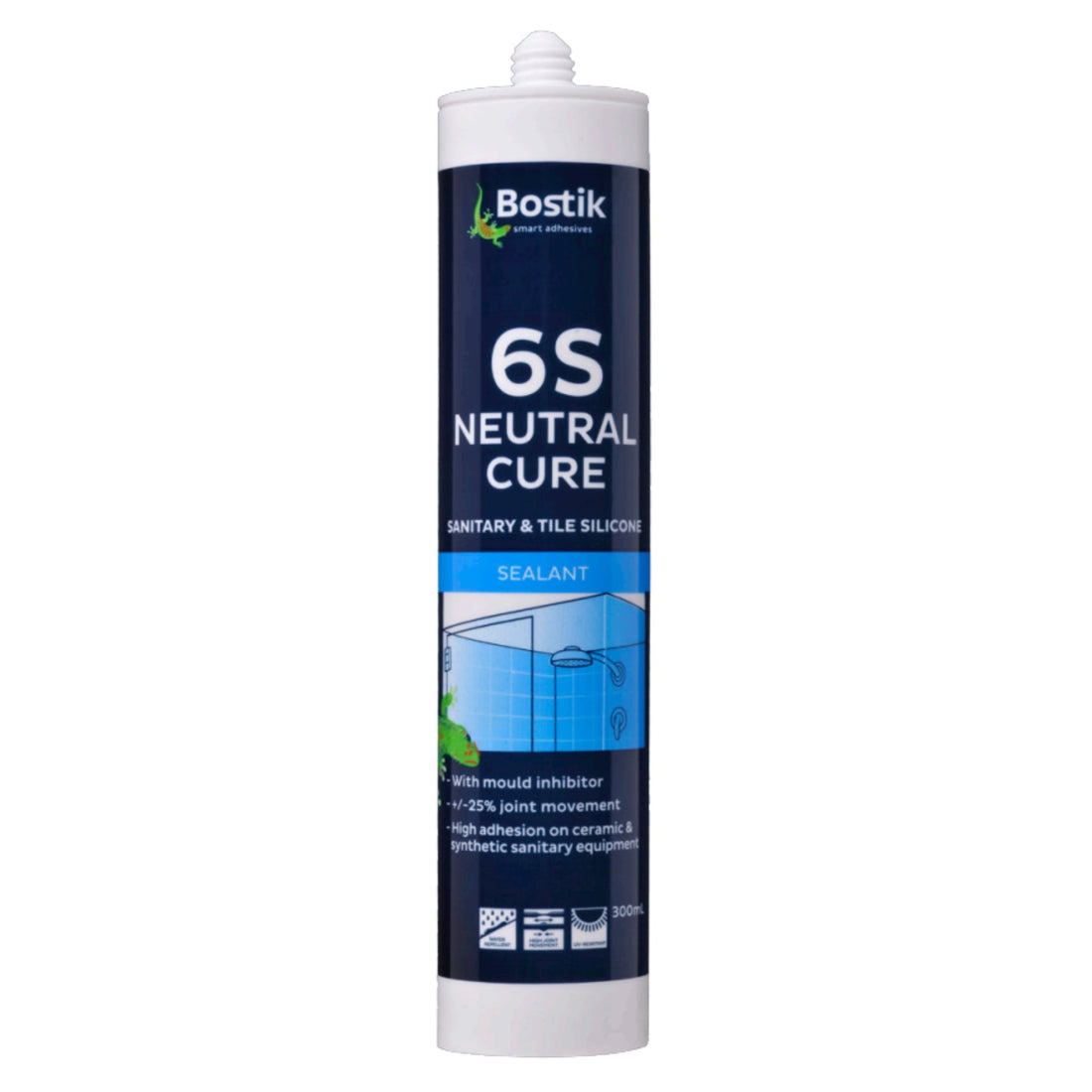 Bostik 6S neutral cure silicone sealant cartridge: mould-resistant, ±25% joint movement for sanitary tile joint sealing.