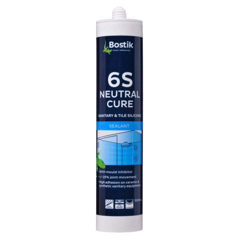 Bostik 6S neutral cure silicone sealant cartridge: mould-resistant, ±25% joint movement for sanitary tile joint sealing.