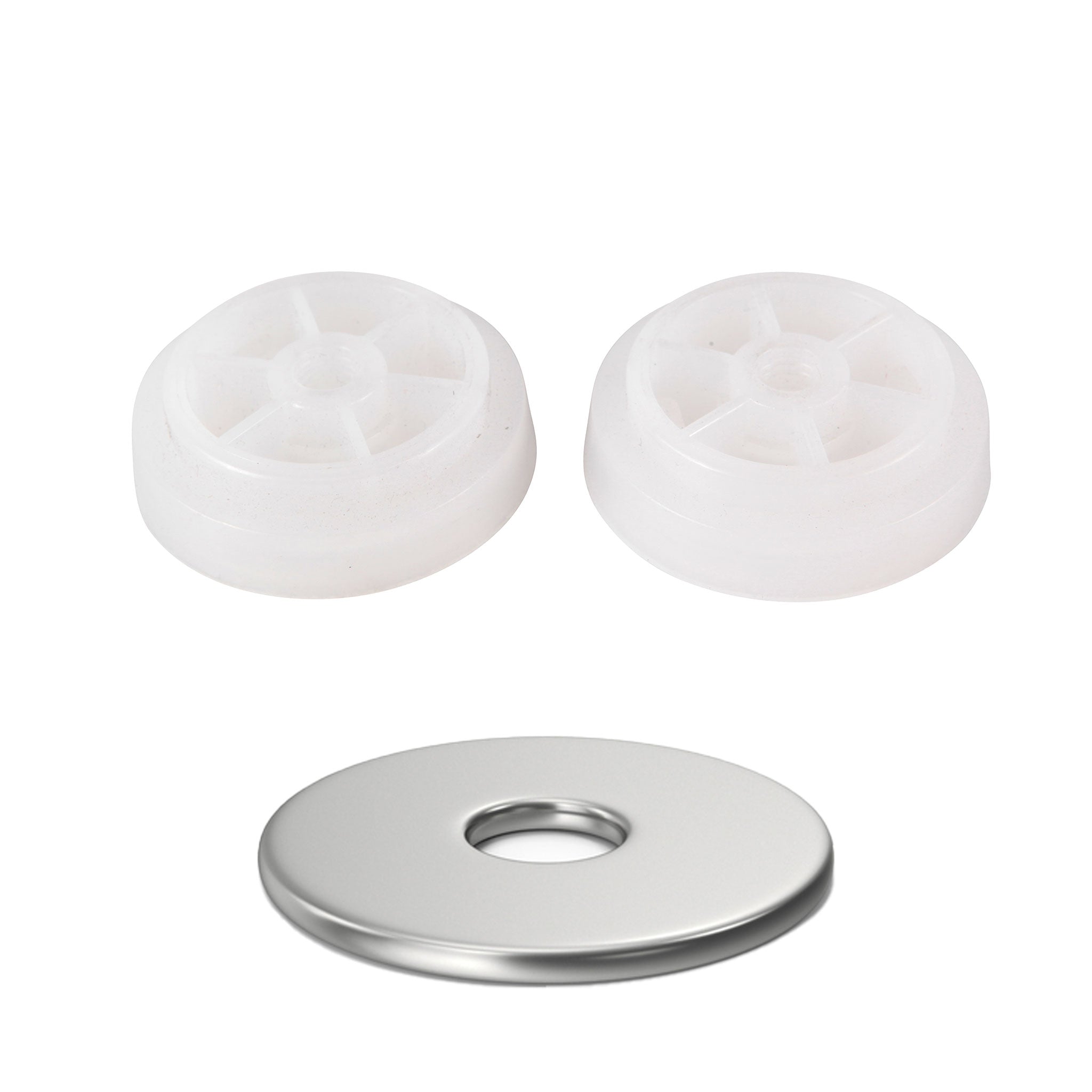 Two white plastic spoked plungers & stainless steel disc: Adheseal kit for efficient bulk sealant loading in Type 3/5 saus...