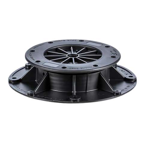 Buzon DPH-2 adjustable pedestal (35-53mm), 150mm ribbed top, 200mm base in recycled PP for stable decking support.