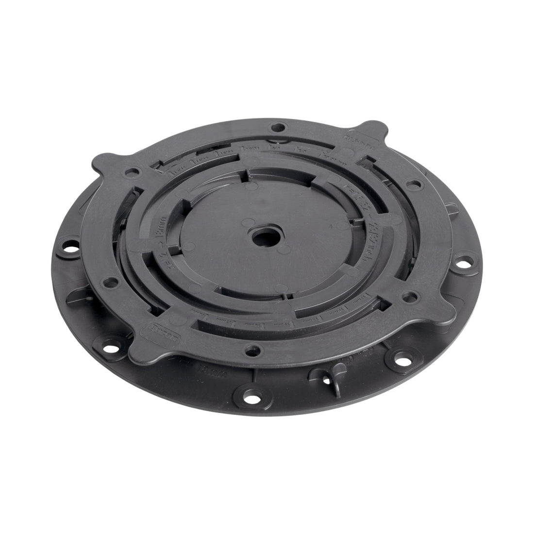 Gray round plastic umbrella base with central pole mount, mounting tabs, and screw holes for patio stability