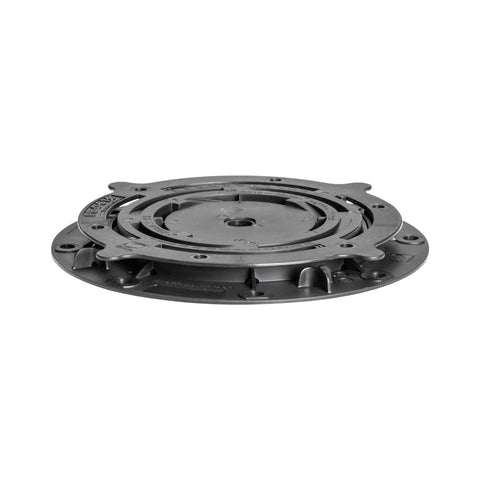 Heavy-duty gray swivel bearing plate with central hub, radial supports, and mounting holes for rotation.