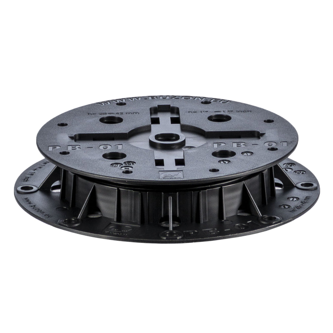 Black PB-01 adjustable decking pedestal base with cross supports, screw holes, round plastic design for raised floors