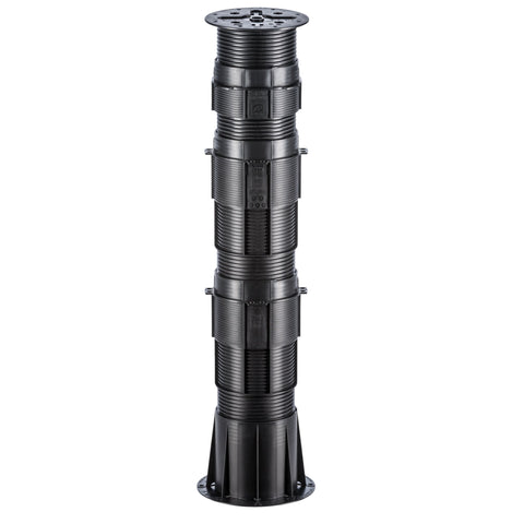 Black segmented cylindrical support column with mechanical panels, ribbed design, and flared base.