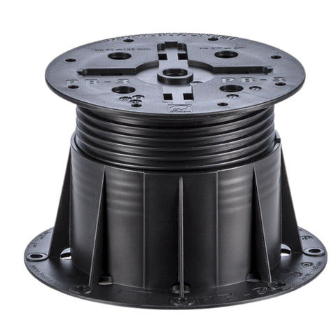 Black adjustable deck pedestal base, ribbed plastic support with central coupler, 10cm dia. for decking & pavers.