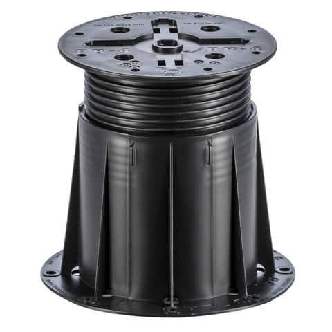 Adjustable black plastic deck pedestal with ribbed height adjustment, 146-148mm top plate, and stable base for raised floo...