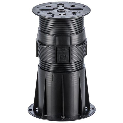 Black adjustable plastic deck pedestal with ribbed column, square base, and height adjustment top for outdoor flooring.