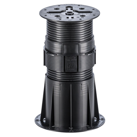 Black adjustable plastic deck pedestal with square base, ribbed column, and top plate for raised outdoor flooring