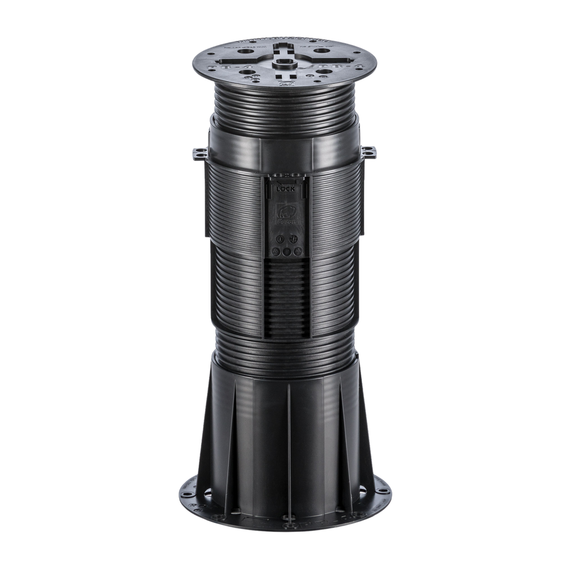 Durable black adjustable decking pedestal with ribbed column, wide base & top platform for outdoor flooring.