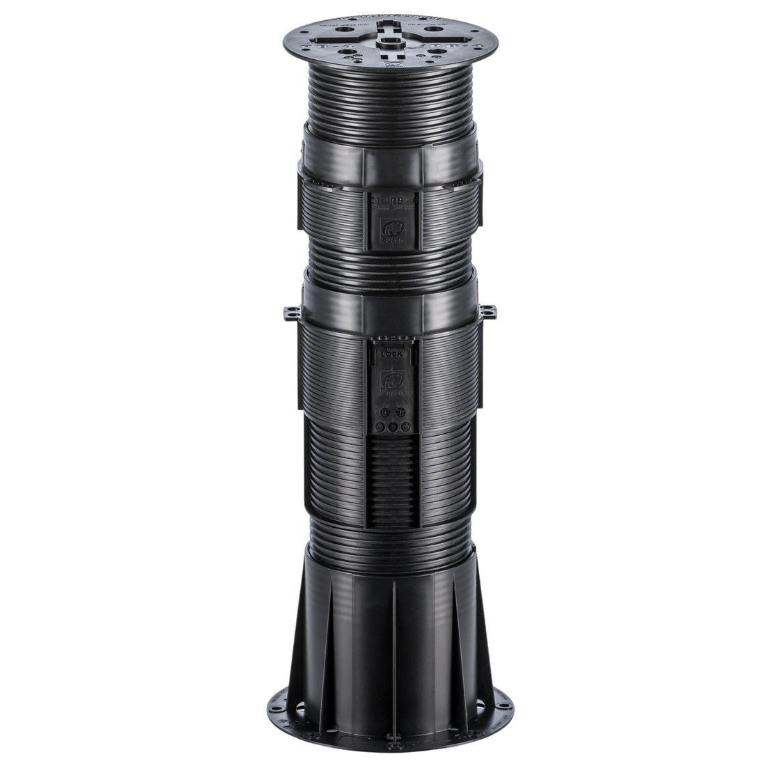 Black adjustable plastic deck pedestal with ribbed design, square base, and height-adjustable support for balcony decking.