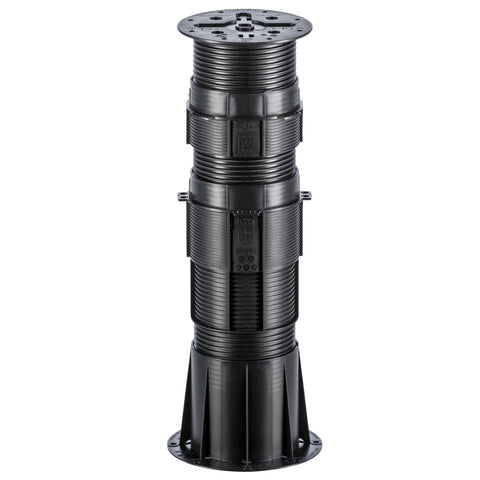 Black adjustable plastic deck pedestal with ribbed design, square base, and height-adjustable support for balcony decking.