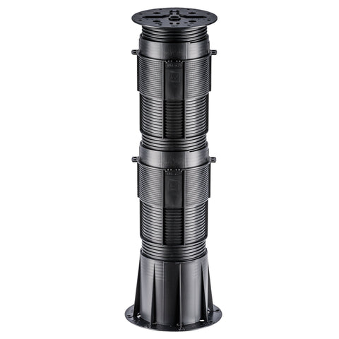 Adjustable black ribbed deck pedestal with mounting brackets and stable base for outdoor flooring.