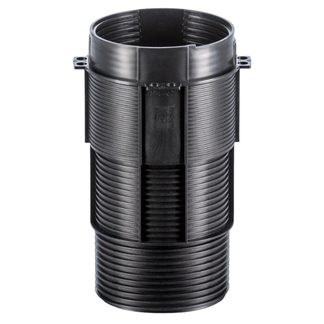 Black corrugated HDPE pipe coupler with side grips, ADS brand, split design for easy drainage pipe connection